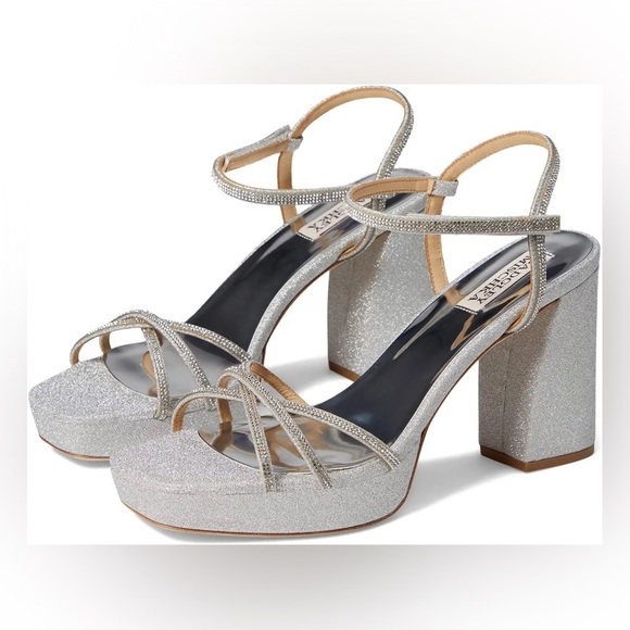 NIB Badgley Mischka Women’s Frida Open Toe Block Heels in Silver in size 7.5 - Picture 1 of 10